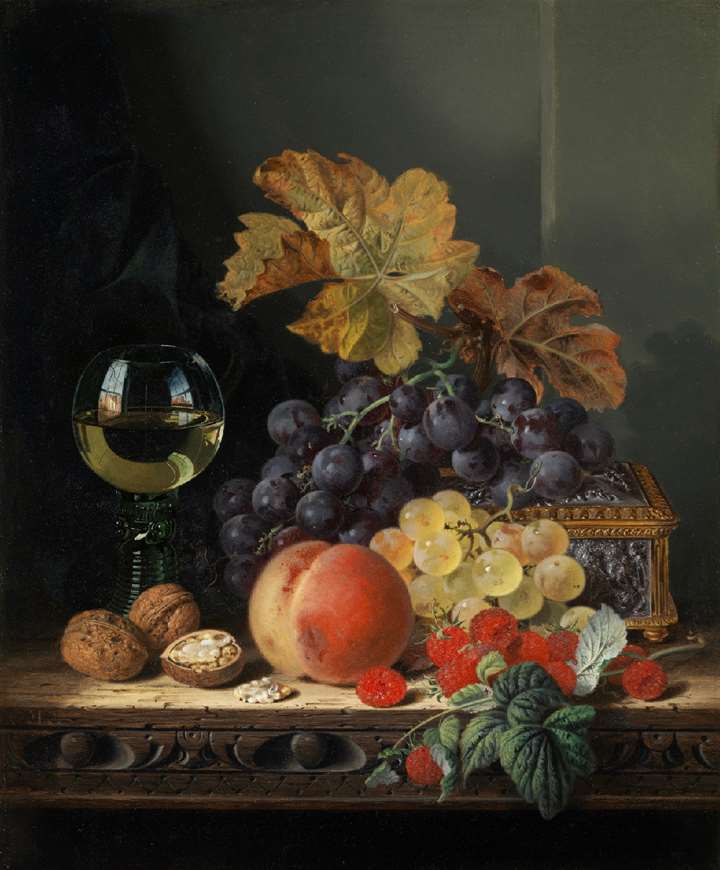 Still life of fruit with a goblet of wine & Still life of flowers, fruit and a bird’s nest